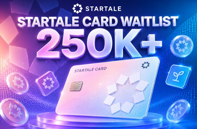 A promotional graphic for 'STARTALE CARD WAITLIST 250K+' featuring a white STARTALE CARD with a chip, displayed on a purple and blue gradient background with floating coin icons.