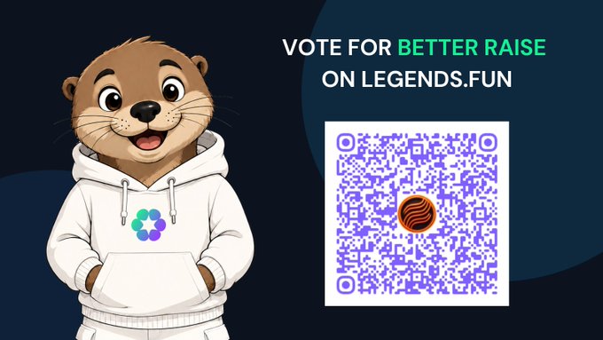 The image features a cute cartoon otter wearing a white hoodie, standing next to a QR code that reads "Vote for Better Raise on Legends.Fun". The otter appears to be smiling at the camera, while the text above him encourages people to vote and support better raises. The post is related to the Legends of Fun series, as indicated by the use of the term "Legends.Fun" in the image description.