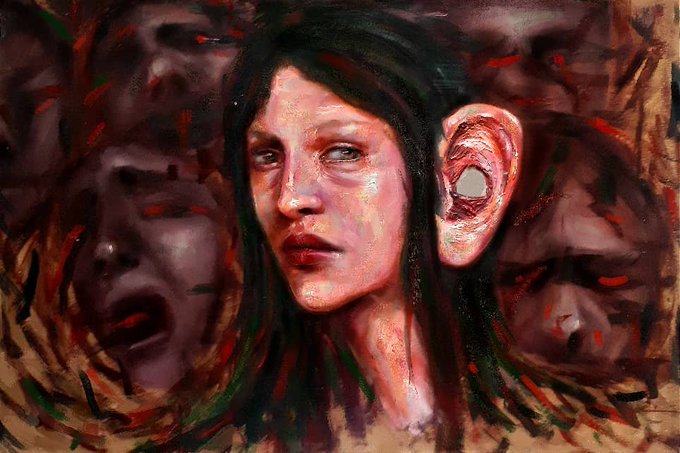 Expressionist oil painting of a pale woman with dark hair and a surreal, distorted ear-like appendage on her head, surrounded by abstract screaming faces in red and dark tones.