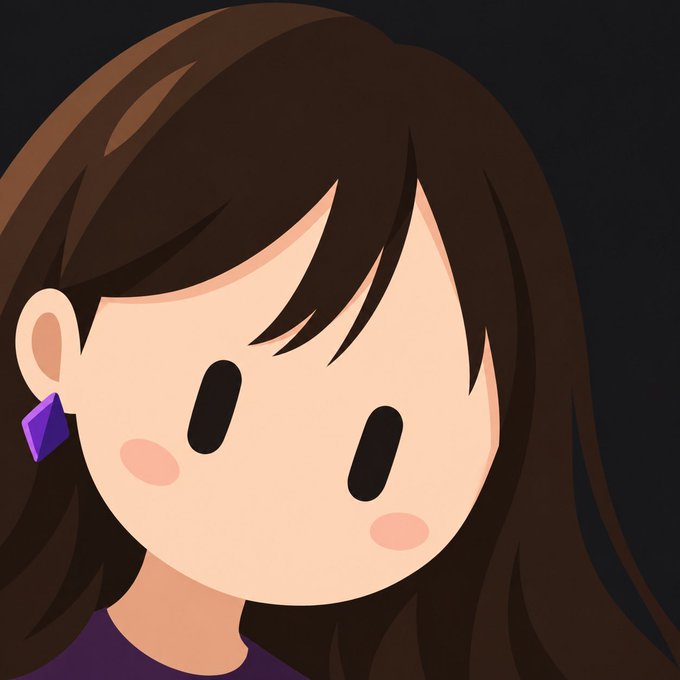 A close-up cartoon illustration of a girl with brown hair, a purple shirt, and a purple diamond-shaped earring against a black background.