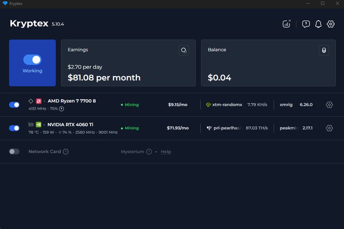 A screenshot of the Kryptex 5.10.4 cryptocurrency mining application showing earnings of $2.70 per day / $81.08 per month from an AMD Ryzen 7 7700 and NVIDIA RTX 4060 Ti.