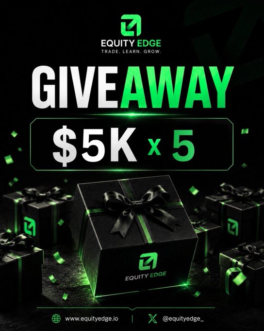 A black and green promotional graphic for Equity Edge announces a giveaway of $5K x 5, featuring black gift boxes with green ribbons and the website www.equityedge.io.
