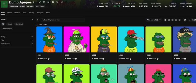 The image shows a screenshot of the "Dumb Apes" NFT collection marketplace page, displaying a grid of 12 cartoon ape NFTs each priced at 0.0000 ETH with a 69% floor price drop, reflecting the post's "w8 were so back" sentiment by highlighting the collection's low valuation and significant price decline.