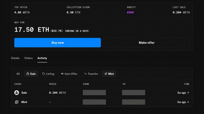 An NFT marketplace listing page showing a "Buy for 17.50 ETH ($32.7K)" with a collection floor of 6.30 ETH, rank #368, and activity log displaying a recent sale at 0.204 WETH and a free mint—both from 2 weeks ago. The screenshot illustrates the post's narrative of someone who sold an NFT at a low price shortly after a free mint, only for the collection's floor to surge to 6.30 ETH as they bought back in at a much higher cost.