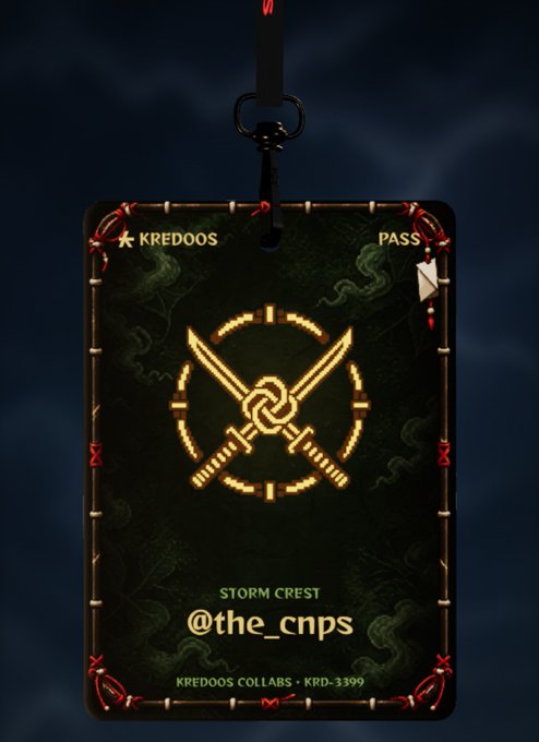 A dark trading card-style badge with gold stitching borders features a central emblem of crossed swords tied with a knot, labeled "KREDOOS" and "PASS" at the top, with the text "STORM CREST @the_cnps" and "KREDOOS COLLABS • KRD-3399" displayed below. The design visually represents the user's collaboration application with Kredoos to secure spot passes for their community @The_CNPS.