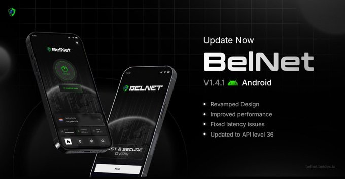 Promotional graphic for the BelNet V1.4.1 Android app update, highlighting features like 'Revamped Design,' 'Improved performance,' 'Fixed latency issues,' and 'Updated to API level 36.'