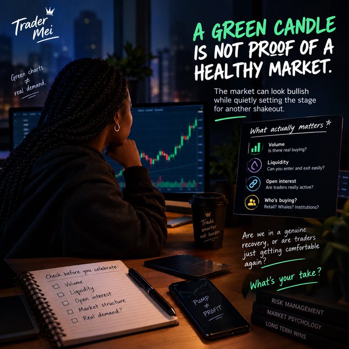 An infographic titled "A GREEN CANDLE IS NOT PROOF OF A HEALTHY MARKET" by "Trader Mei" depicts a woman studying a chart, alongside checklists for volume, liquidity, open interest, and real demand, with tags including "RISK MANAGEMENT" and "MARKET PSYCHOLOGY".