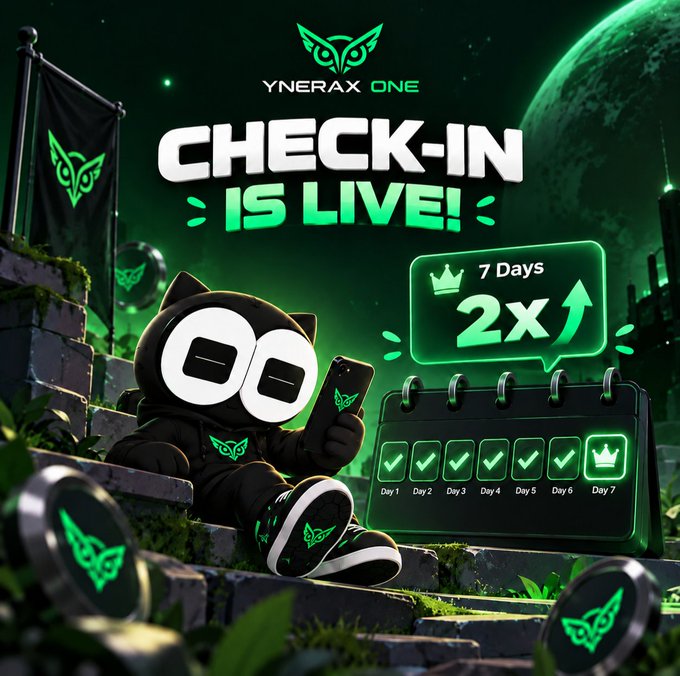 The promotional graphic features a hooded black cat mascot holding a phone alongside "CHECK-IN IS LIVE!" and "7 Days 2X" badges, with a calendar showing daily check-ins completed through Day 7, reinforcing the Ynerax One on-chain check-in campaign offering a 2x multiplier for a week of consistent activity.
