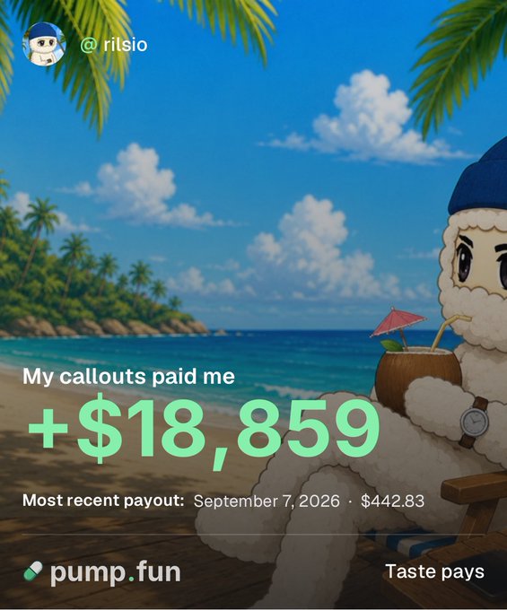 The image shows a vibrant tropical beach scene with palm trees, turquoise ocean, and a cartoonish fluffy white mascot wearing a blue beanie, relaxing in a beach chair while sipping from a coconut drink with a pink umbrella, promoting Pump.fun callout rewards with the text "+$18,859" earned and a "Most recent payout: September 7, 2026 · $442.83" from user @rilsio, visually reinforcing the post's celebration of a $442 recent callout reward contributing to over $18,000 earned in 20 days through quality token callouts on the Pump.fun platform.