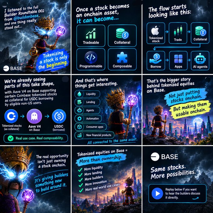 A 9-panel infographic by Base about tokenizing stocks onchain, featuring a Builder Roundtable 002 with @builderbase, discussing how tokenized equities enable trading, collateral, lending, and composability.