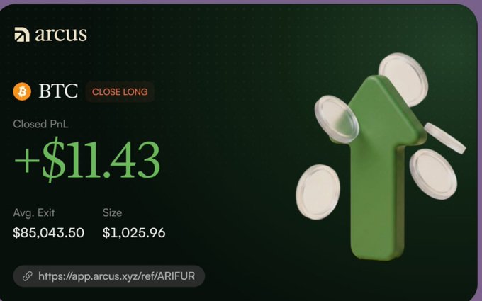 Arcus platform showing a closed BTC long position with a Closed PnL of +$11.43, featuring a 3D green arrow and white coins.