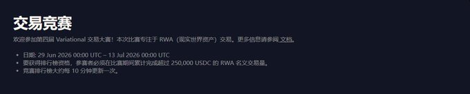The image is a Chinese-language announcement for the "Varational" trading competition, highlighting that the first round has ended and inviting participants to join the next one. Key details include: registration deadline, a 250,000 USDT prize pool for top 10 winners, and competition dates from June 29, 2026, 00:00 UTC to July 13, 2026, 00:00 UTC, with $RWA token rewards.