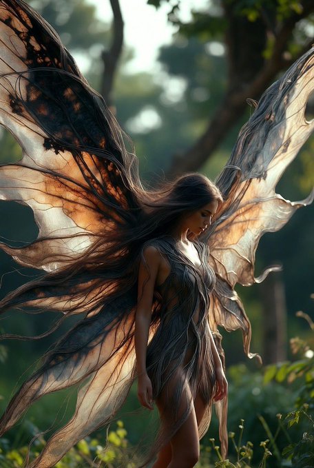 A fantasy digital artwork portraying a female fairy with large, translucent butterfly wings standing in a sunlit forest, wearing a flowing gray dress.