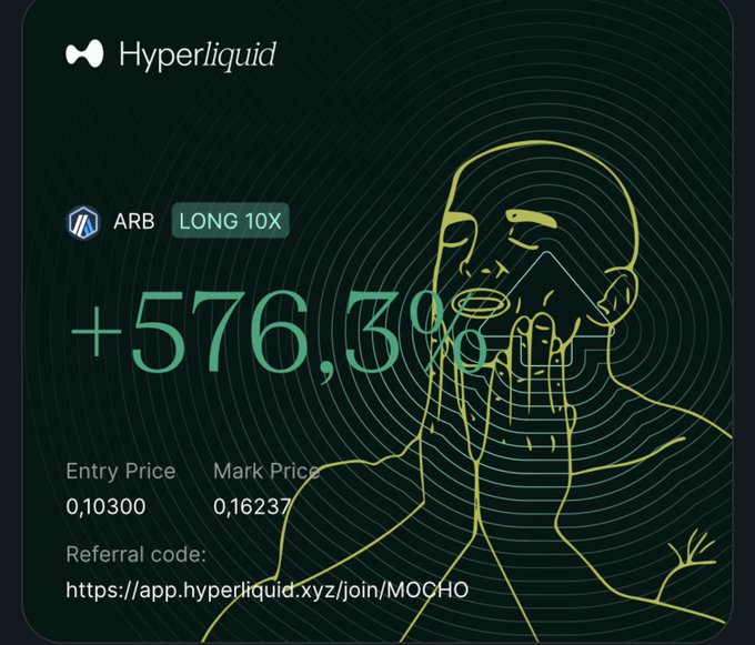 A Hyperliquid trading interface shows a LONG 10X position on ARB with a profit of +576,398%, entry price 0.10300, mark price 0.16237, and referral link app.hyperliquid.xyz/join/MOCHO.