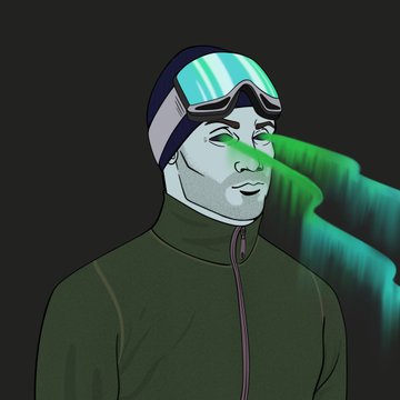 A digital illustration of a man wearing a ski mask and ski goggles emitting green laser beams from his eyes against a black background.