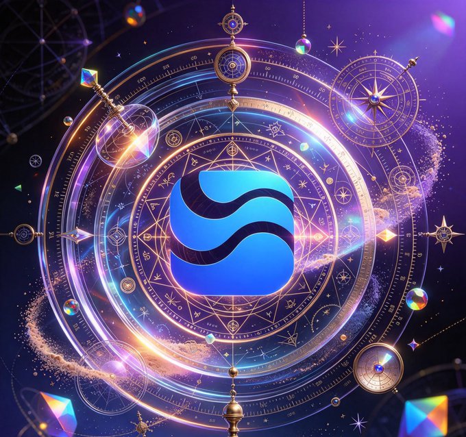 A vibrant cosmic illustration features a central blue logo with a wave-like "S" emblem, surrounded by glowing astrological circles, geometric symbols, and sparkling celestial elements, evoking the mystical allure of stablecoins like USDT, USDC, and satUSD bridging multi-chain finance.