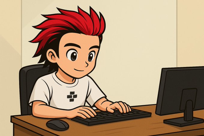 A cartoon-style illustration of a young person with vibrant red spiky hair sitting at a desk, typing on a keyboard in front of a computer monitor.

The caption: The image shows the person actively engaged at their computer, likely browsing or tracking the various NFT mints and giveaways listed in the post, as they recall and organize the projects mentioned before asking their followers which one they missed.