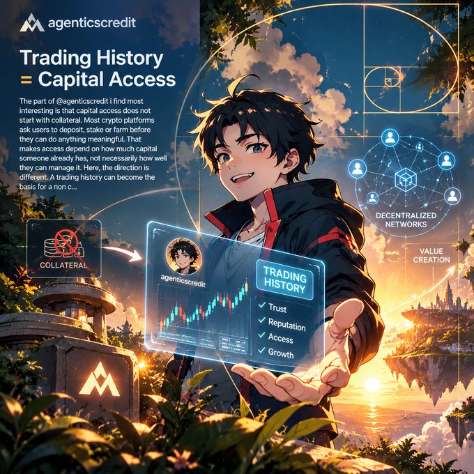 An anime-style promotional graphic for 'agenticscredit' featuring the headline 'Trading History = Capital Access' and a male character holding a digital interface displaying trading history with Trust, Reputation, Access, and Growth.