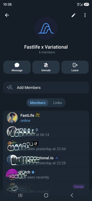 The image shows a Telegram group called "Fastlife x Variational" with 6 members, displaying the online status and last-seen times of participants. This connects to the post by illustrating the private, low-profile community discussing Variational, emphasizing why the creator chooses not to publicly promote it given the group's exclusivity and the project's significant potential.