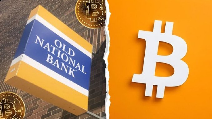 The image features an old bank sign with the word "Old" written on it, along with a white Bitcoin symbol above it. The text below the bank sign reads "190-year-old Old National Bank", indicating that this bank has been around for over 190 years and is now accepting Bitcoin as a form of payment or transaction. This demonstrates how traditional banking institutions are adapting to new technologies like Bitcoin in order to stay relevant and cater to the changing needs of their customers.