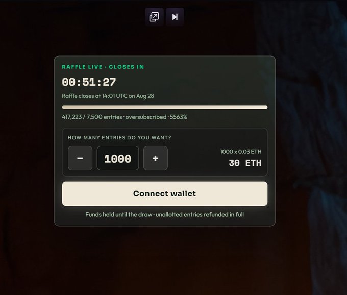 A live raffle interface showing 00:51:27 remaining, with 417,223 of 7,500 entries filled (556.3% oversubscribed), offering 1000 entries for 0.03 ETH totaling 39 ETH with a Connect wallet button.