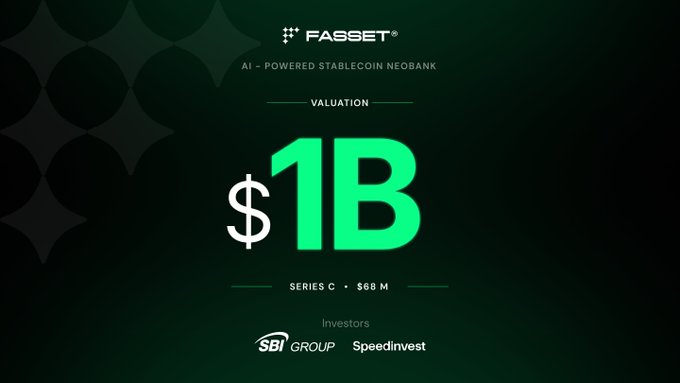 A promotional graphic for Fasset, an 'AI-Powered Stablecoin Neobank,' displaying a $1B valuation and a $60M Series C funding round, with investors Singapore-based SBI Group and Speedinvest.