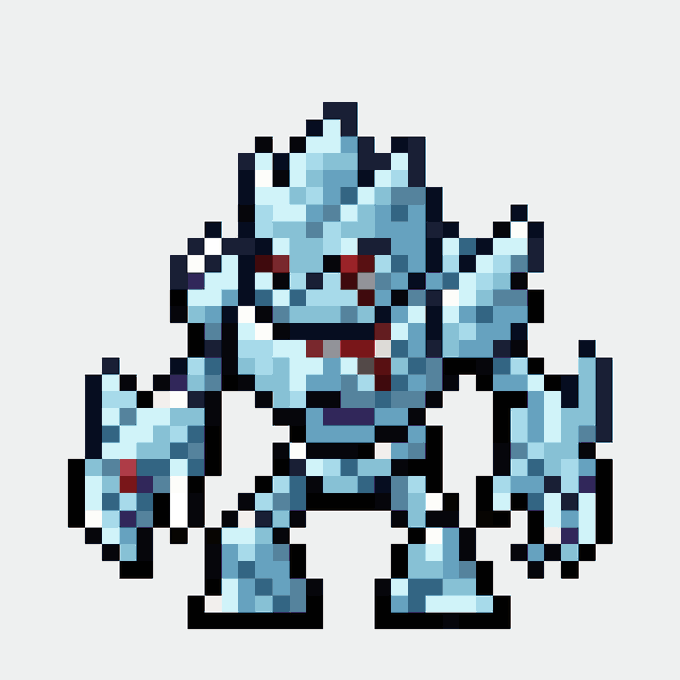 A pixel art rendering of Mega Man X, the iconic blue-armored video game character, standing against a light gray background.