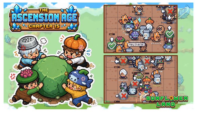 A promotional image for 'The Ascension Age - Chapter 15' featuring pixel-art villagers straining to push a large green vegetable, alongside grid gameplay screenshots from Sunflower Land.