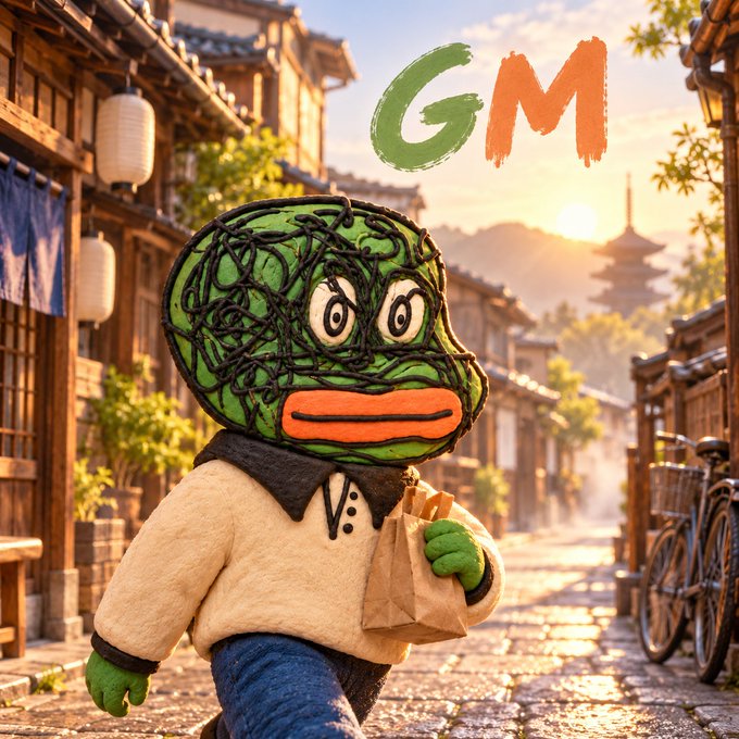 A 3D rendered cartoon character with a green, scribbled-texture head and orange mouth, wearing a cream sweater and jeans, walks down a sun-dappled Japanese street carrying a paper bag, under the text 'GM'.