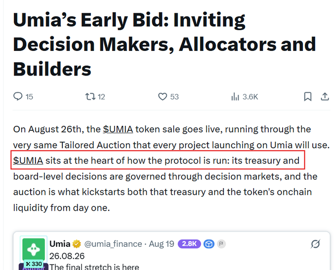 The image shows an article titled "Umia's Early Bid: Inviting Decision Makers, Allocators and Builders" with the highlighted text stating "$UMIA sits at the heart of how the protocol is run: its treasury and board-level decisions are governed through decision markets," announcing the $UMIA token sale on August 26th, which aligns with the post about the upcoming TGE and its incentivized allocation for early testnet participants.