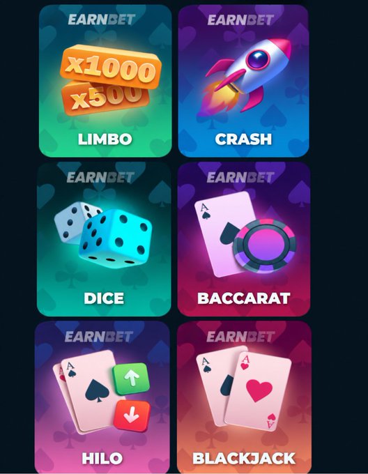 A mobile app interface for 'EARNBET' casino games displays colorful tiles for Limbo, Crash, Dice, Baccarat, HiLo, and Blackjack.