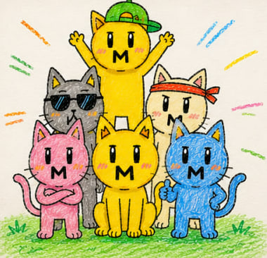 A colorful drawing of six cartoon cats in various colors with letter 'M' markings on their faces, posed together on grass.