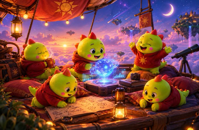 Whimsical illustration of cute green dragon-like creatures in red hoodies on a floating platform, with one holding a glowing crystal ball against a sunset sky.