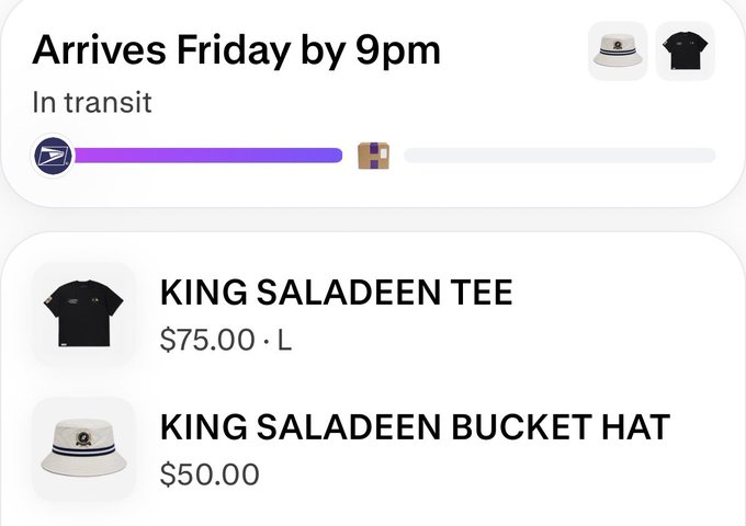 A shipping notification showing items in transit by USPS, arriving Friday by 9pm, including a 'KING SALADEEN TEE' for $75.00 in size L and a 'KING SALADEEN BUCKET HAT' for $50.00.