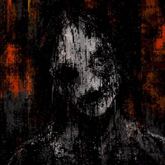 A dark, pixelated, and gritty artwork depicting a shadowy skull-like face against a heavily textured background with red and black tones.