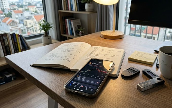 A wooden desk with an open journal, a smartphone showing a stock chart, USB drives, sticky notes, and a lamp, overlooking a city view.