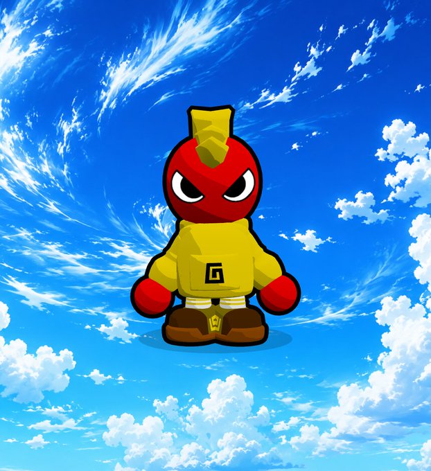 A cartoon illustration of a character wearing a red luchador mask, yellow hoodie, and brown boots, standing against a bright blue sky with fluffy white clouds.