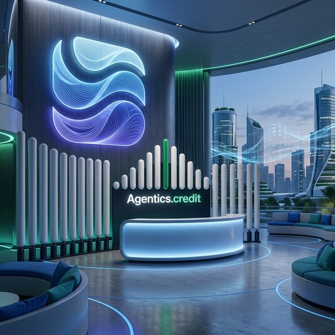A futuristic, neon-lit studio or office space with the text 'Agentics.credit' displayed prominently on the wall above a curved reception desk.