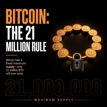An infographic titled 'BITCOIN: THE 21 MILLION RULE' showing gold Bitcoin coins arranged in a circle with a padlock in the center, explaining that Bitcoin has a fixed maximum supply of 21 million BTC.