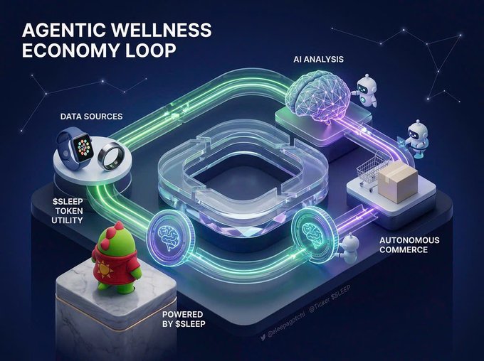 An infographic titled "AGENTIC WELLNESS ECONOMY LOOP" showing a circular process with stages labeled "DATA SOURCES" ($SLEEP TOKEN UTILITY), "AI ANALYSIS," "AUTONOMOUS COMMERCE," and "POWERED BY $SLEEP."