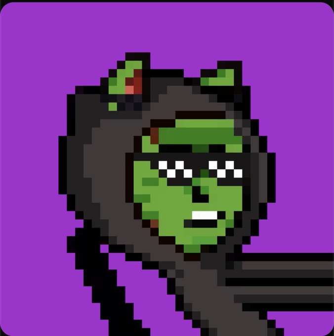 A pixel art style digital illustration of a character with green skin, a black hood, and a bandana, set against a solid purple background.