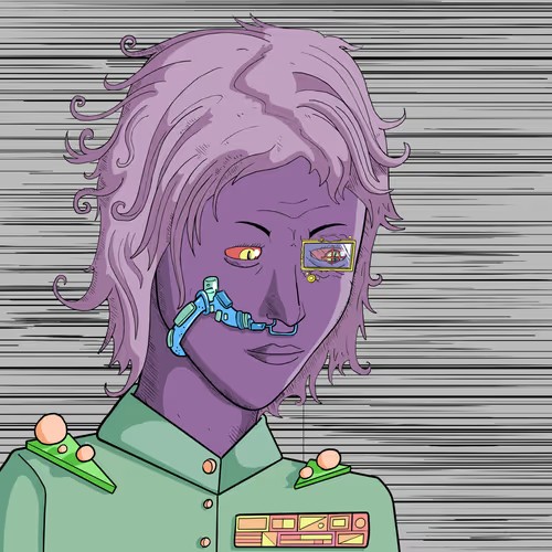 A stylized digital illustration depicts a purple-skinned character with wavy lavender hair, mismatched eyes, a blue cybernetic cheek implant, and a green collared shirt with circuit-like details.