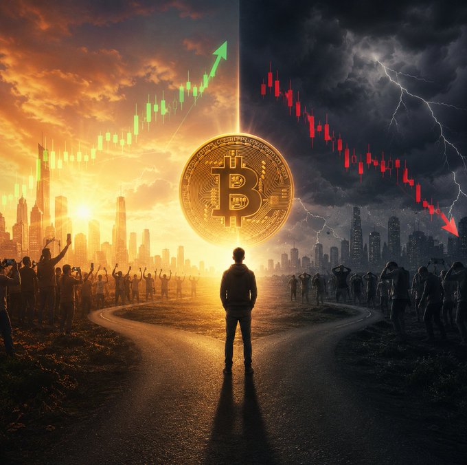 A digital artwork depicting a person standing between two paths, facing a large Bitcoin coin, with a green rising chart on the left (sunrise) and a red falling chart on the right (storm).