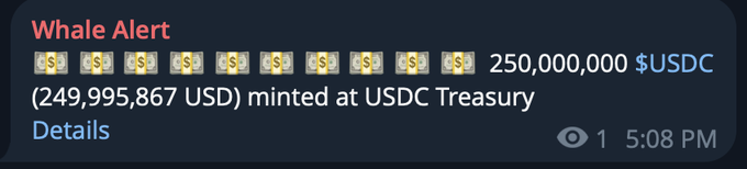 The image shows a screenshot of an email from the USDC Treasury, which contains information about a $250m USDC Treasury note that has been minted at the USDC Treasury. The email also mentions that the Treasury note was minted on August 8th and is being sent to the account number "24599767". The post appears to be related to cryptocurrency or blockchain technology, as it talks about the Treasury note being minted in the form of a digital token.