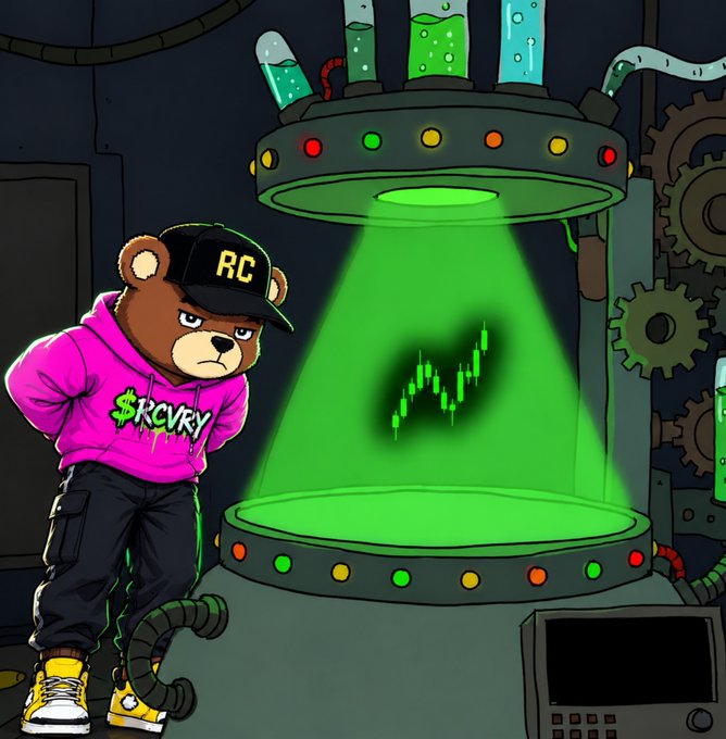 A cartoon bear wearing a black 'RC' cap and a pink '$RCVRY' hoodie stands next to a glowing green teleportation chamber displaying a stock chart pattern.