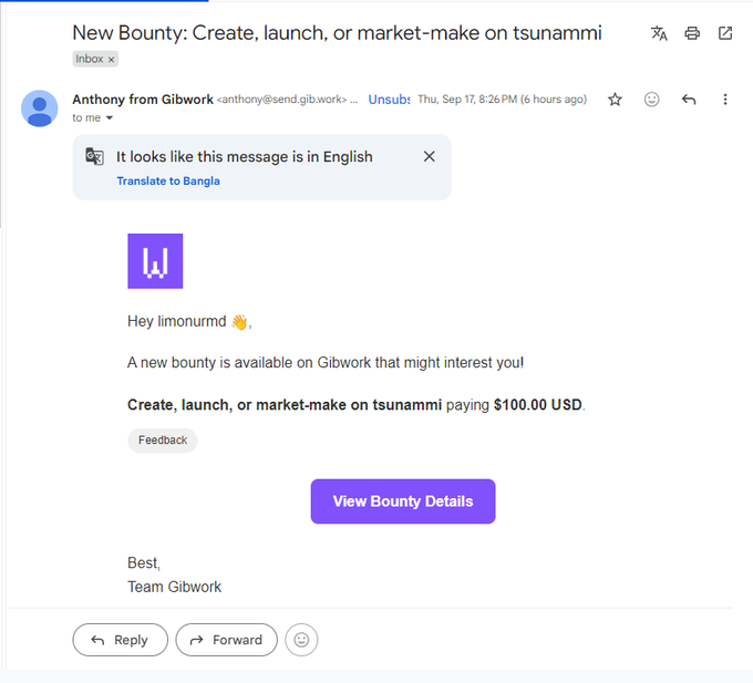 An email notification from Gibwork alerts user "limonermd" about a new bounty titled "New Bounty: Create, launch, or market-make on tsunammi" offering $100.00 USD, with a "View Bounty Details" button. This corresponds to the user's post announcing the same $100 USDC bounty on Gib.work for the Tsunammi project.