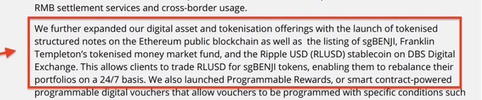 The image shows a screenshot of a text document with red bullet points, which is likely an email or message promoting tokenization of gold. The main focus of the message is that Singapore's largest bank is launching tokenized gold and that Ripple is already live on its digital asset exchange offering tokenized gold for $800 Billion. The context suggests that it might be related to a marketing campaign or news release.