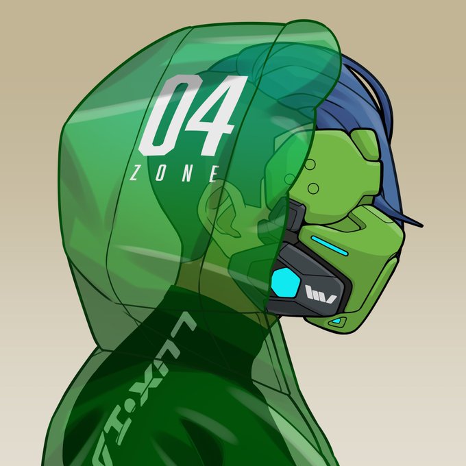 An anime-style profile illustration of a character wearing a green helmet and jacket with "04 ZONE" printed on the hood.