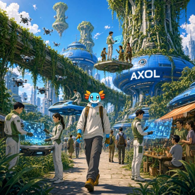 Vibrant sci-fi illustration of a futuristic green cityscape featuring floating platforms, drones, lush vegetation, and a building labeled 'AXOL', with a central character wearing an axolotl mask and white hoodie.