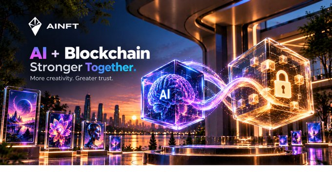 An AINFT promotional banner reading 'AI + Blockchain Stronger Together. More creativity. Greater trust.' showing glowing cubes containing AI and lock symbols floating above a nighttime cityscape.